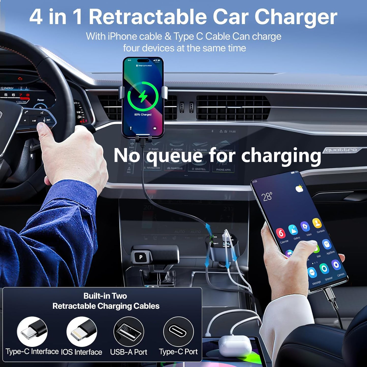 Retractable Car Charger, 4 in 1 Fast Charging Car Charger 120W